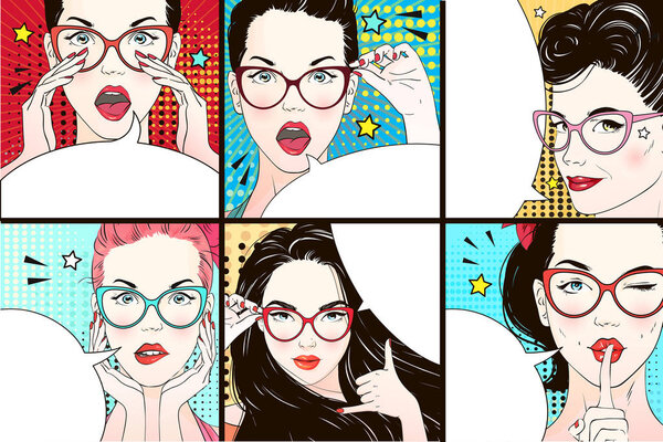 Pop art surprised woman face. Comic woman with speech bubble. Vector illustration.