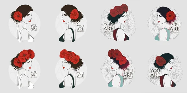 Portret Młodej Kobiety Piękne Czerwoną Różą Włosach Wektor Ilustracja — Wektor stockowy