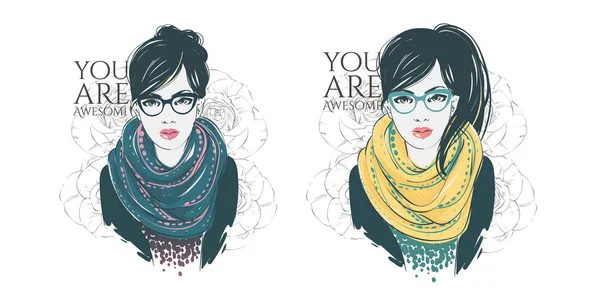 Güzel Hipster Eşarp Gözlük Bir Moda Ceket Genç Kadınlar Vektör — Stok Vektör