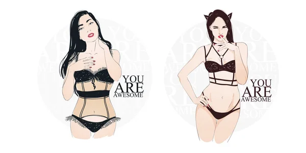 Hermosa Sexy Catwoman Negro Nderwear Staing Flirteo Vector Ilustración Dibujada — Archivo Imágenes Vectoriales