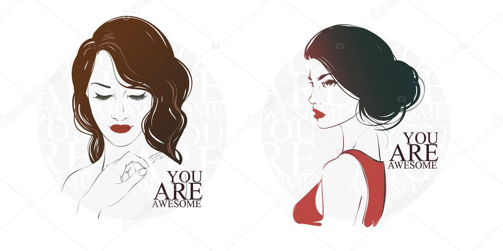 Beautiful woman with long hair, hand drawn line vector fashion illustration.