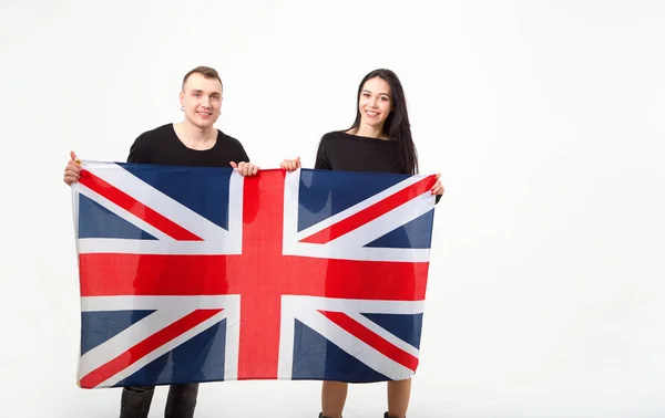 Молодой Человек Женщина Флагом Великобритании Students English — стоковое фото