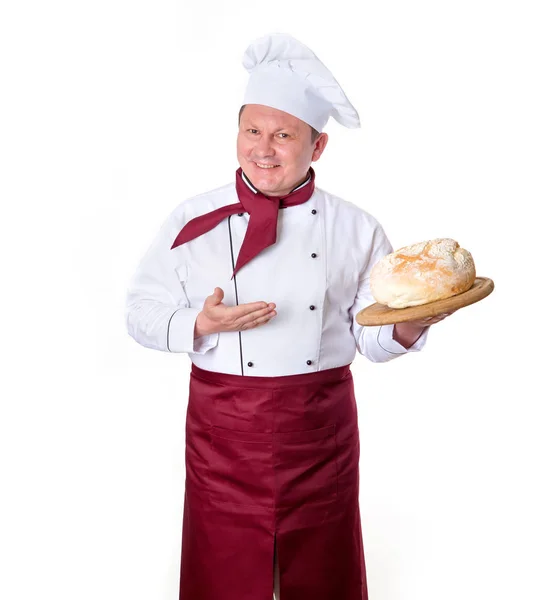 Gelukkig Chef Kok Houdt Een Vers Brood Koken Heerlijk — Stockfoto