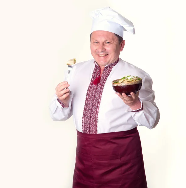 Bon Eetlust Chef Kok Houdt Smakelijke Dumplings Zijn Handen Koken — Stockfoto