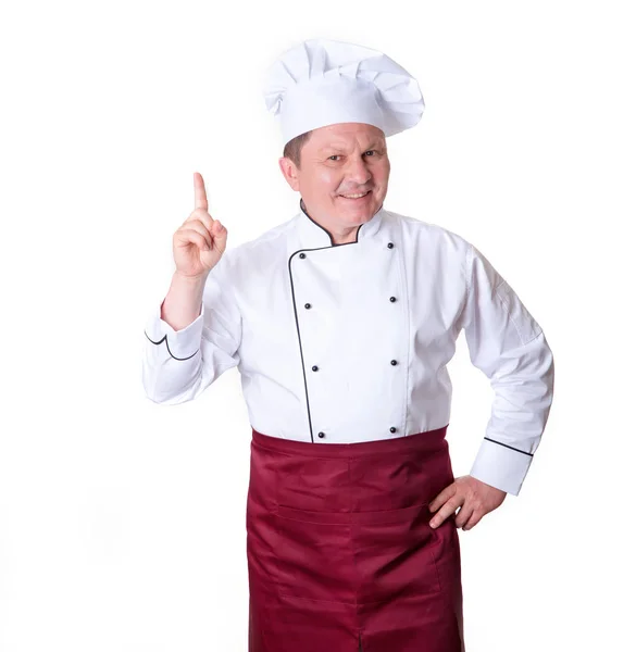 Ευτυχισμένο Σεφ Δείχνει Δάχτυλο Επάνω Καλή Ιδέα Μαγείρεμα Κάτι Νόστιμο — Φωτογραφία Αρχείου
