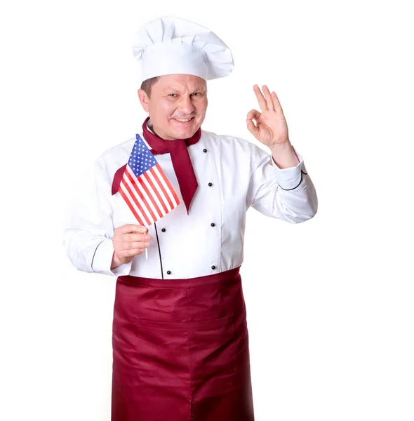 Chef Masculin Avec Drapeau Américain Montrant Signe Chêne Isolé Sur — Photo