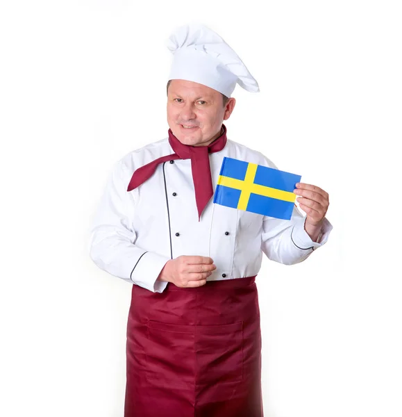 瑞典国旗的男厨师 斯堪的纳维亚菜 — 图库照片