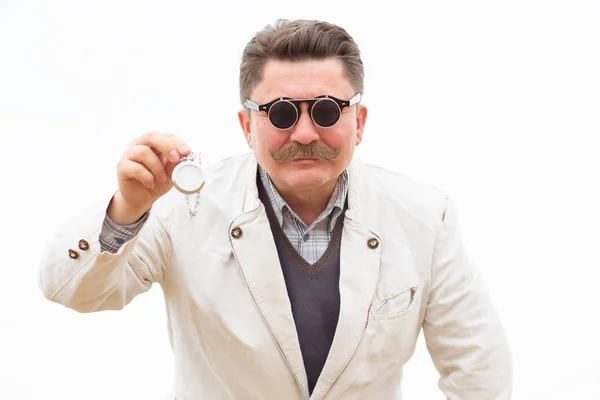 Temps Homme Rusé Dans Des Lunettes Montre Montre Poche — Photo