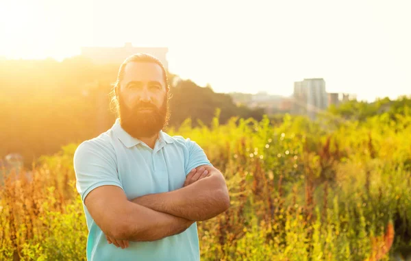 Portrait Adult Man Beard Background City Rays Sunset — Stock Photo, Image