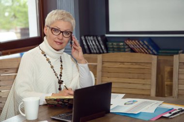 İş kadını ofiste onun işyerinde oturan gözlüklü. Mali bir proje, dizüstü bilgisayar, grafik raporlar üzerinde çalışıyor.