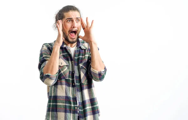 Surprised Young Man Screams Emotion Surprise Delight Scream Fright — Stock Photo, Image