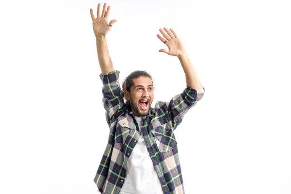 Young Happy Man Raised His Arms His Head — Stock Photo, Image