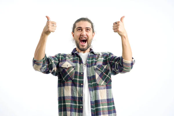 Luck Very Happy Young Man Lifted His Thumbs Emotions Gesture — Stock Photo, Image