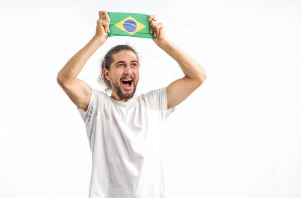 Młody Człowiek Flaga Brazylii Fan Mężczyzna Trzyma Flaga Brazylii Jasnym — Zdjęcie stockowe