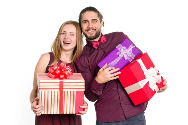 Loving Couple Man Woman Gift Pink Package Hands Light Background — Stock Photo, Image