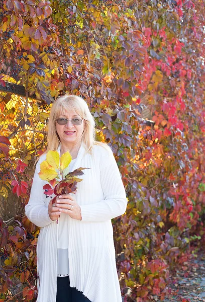 Donna Matura Sullo Sfondo Del Parco Autunnale Donna Anziana Anni — Foto Stock