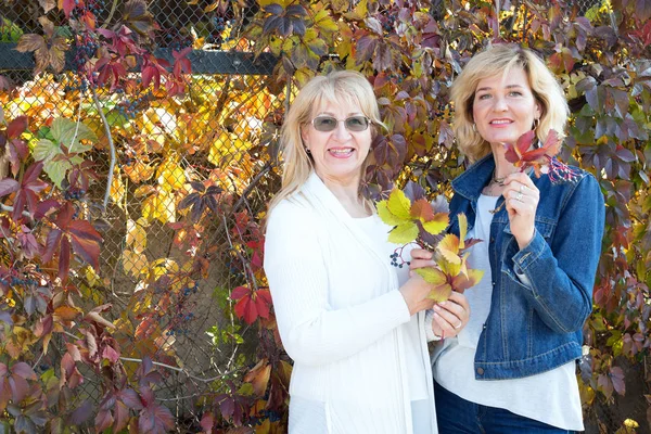 Felice Due Donne Mature Sullo Sfondo Del Parco Autunnale Anziani — Foto Stock