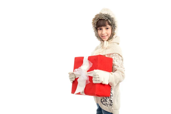 Niña Con Gran Caja Roja Aislada Sobre Fondo Blanco Regalo — Foto de Stock