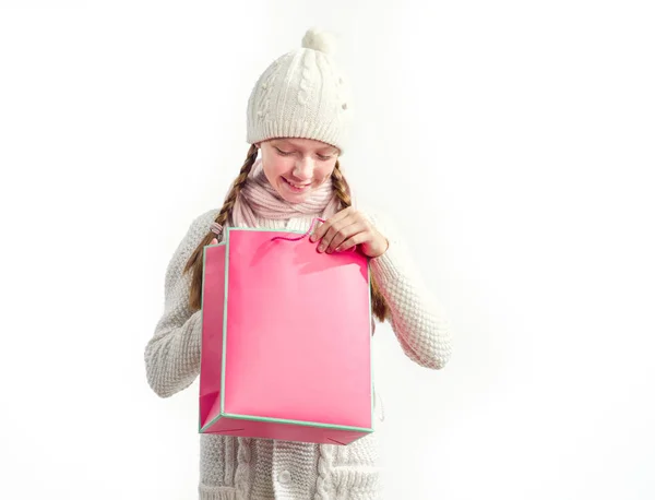 Menina Chapéu Inverno Uma Camisola Quente Com Saco Rosa Suas — Fotografia de Stock