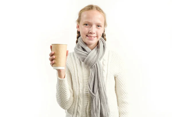 Adolescenta Tinand Ceasca Hartie Pentru Bauturi Calde Fundal Usor Fata — Fotografie, imagine de stoc