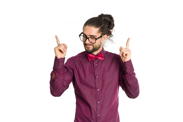 Male Hipster Glasses Shows Fingers Man White Background — Stock Photo, Image