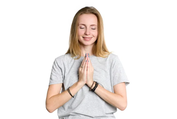 Meditação Jovem Mulher Segura Mãos Com Palmas Das Mãos Juntas — Fotografia de Stock