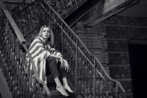 Black White Photo Portrait Young Sad Woman Sitting Stone Fence — Stock Photo, Image