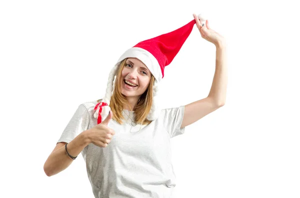 Ung Kvinna Röd Jultomten Hatt Isolerad Vit Bakgrund Tummen Upp — Stockfoto