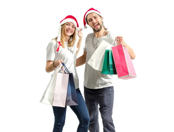 Compras Natal Jovem Mulher Homem Segurando Pacotes Com Presentes Ano — Fotografia de Stock