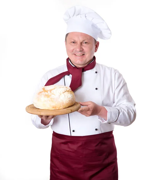 Cozinhe Com Pão Fresco Suas Mãos Sobre Fundo Branco Baker — Fotografia de Stock