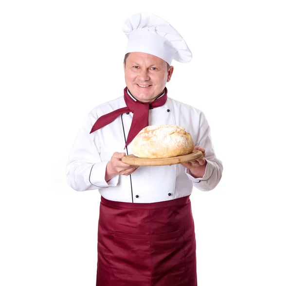 Koken Met Vers Brood Zijn Handen Een Witte Achtergrond Baker — Stockfoto