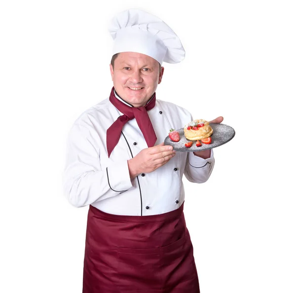 Chef Kok Banketbakker Houdt Een Dienblad Verse Broodjes Een Witte — Stockfoto