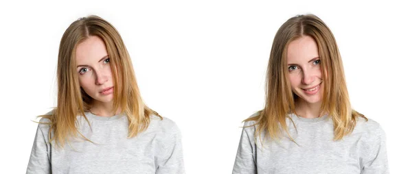 Dos Retratos Femeninos Emocionalmente Opuestos Primera Cara Triste Seria Segundo —  Fotos de Stock