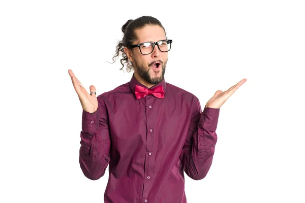 Portrait Homme Surpris Avec Des Lunettes Isolées Sur Fond Blanc — Photo