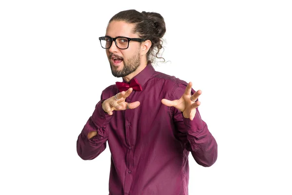 Portrait Male Artist Glasses Who Shows Gesture Magic Trick Isolated — Stock Photo, Image
