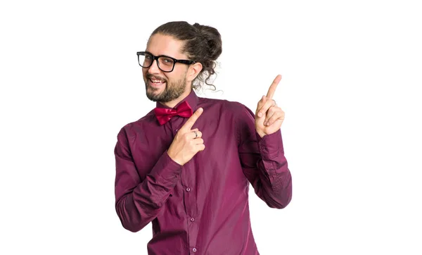 Portrait Cheerful Smiling Man Shirt Bow Tie Showing Isolated White — Stock Photo, Image