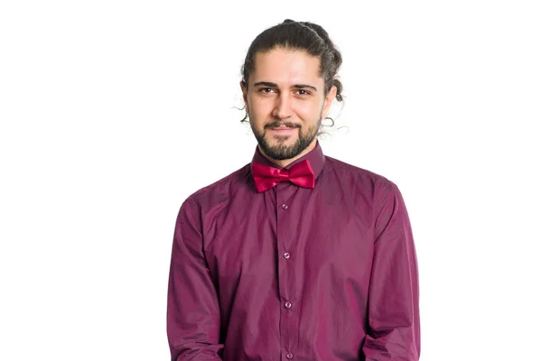 Portrait Young Man Shirt Bow Tie Isolated White Background — Stock Photo, Image