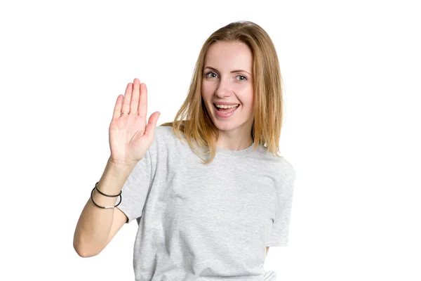 Portrait Young Happy Woman Showing Open Hand Five Fingers Isolated — Stock Photo, Image