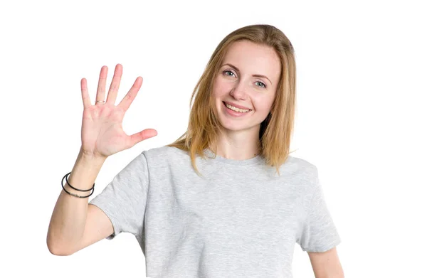 Portrait Young Happy Woman Showing Open Hand Five Fingers Isolated — Stock Photo, Image