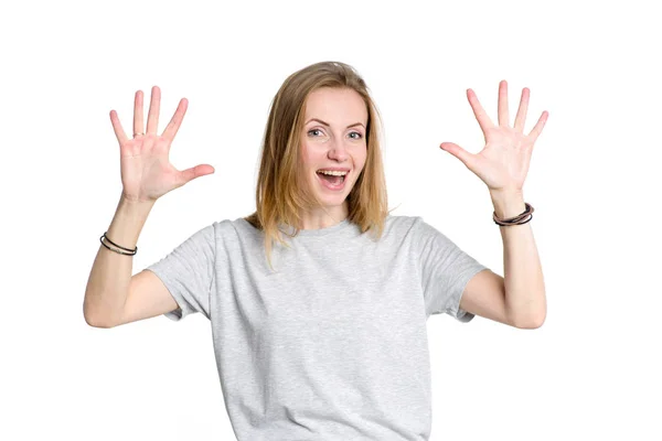 Портрет Молодой Счастливой Женщины Показывающей Десять Пальцев Двух Руках Изолированных — стоковое фото