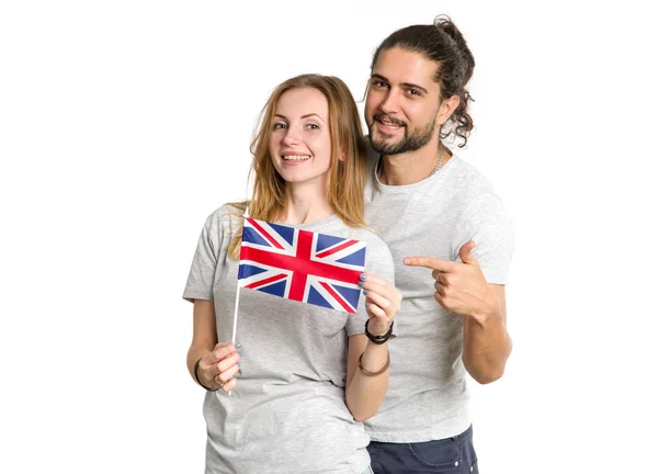 Szczęśliwa Para Szary Shirty Flagi Wielkiej Brytanii Białym Tle Młodzi — Zdjęcie stockowe
