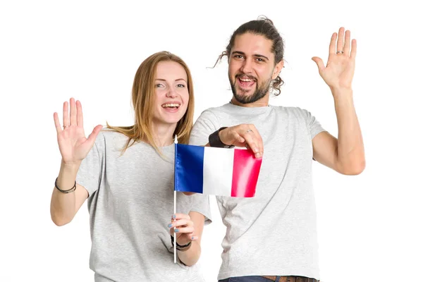 Hallo Aus Frankreich Glückliches Paar Grauen Shirts Mit Französischer Flagge — Stockfoto