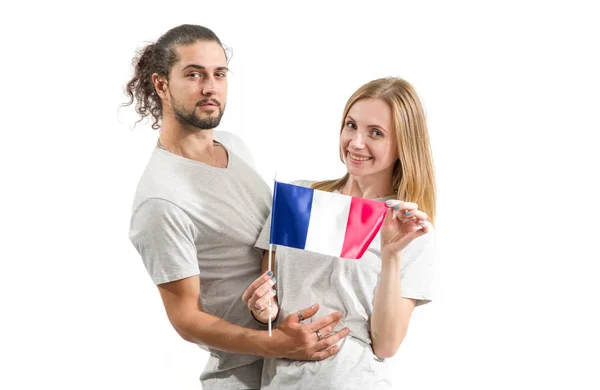 Happy Couple Gray Shirts Flag France Isolated White Background Learn — Stock Photo, Image