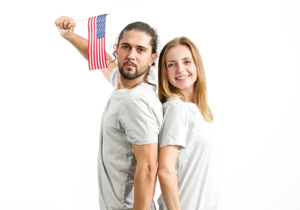 Happy Couple Gray Shirts Flag United States America Isolated White — Stock Photo, Image