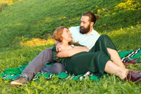 Happy Couple Adults Spend Leisure Time Together Nature — Stock Photo, Image