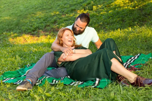 Happy Couple Adults Spend Leisure Time Together Nature — Stock Photo, Image