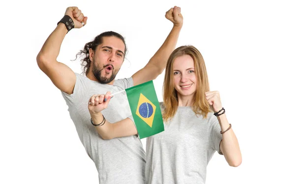 Jovem Casal Feliz Homem Mulher Com Bandeira Brasil Suas Mãos — Fotografia de Stock