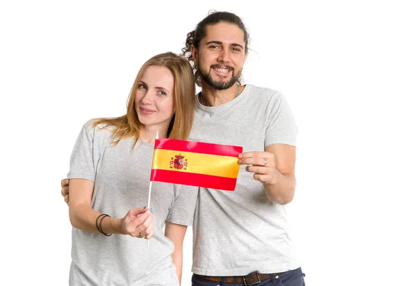 Veselá Mladá Dvojice Muž Žena Vlajkou Španělska Izolované Bílém Pozadí — Stock fotografie