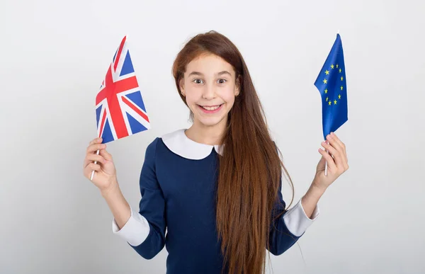 Mutlu Kız Güler Yüz Ile Amerika Birleşik Devletleri Avrupa Birliği — Stok fotoğraf