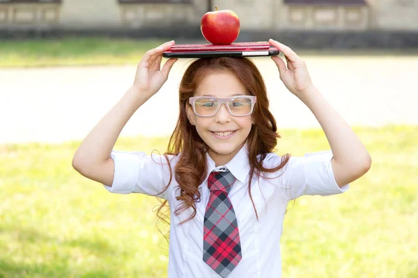 Schoolgirl Holding Apple Book Digital Tablet Head Background School Building — Stock Photo, Image